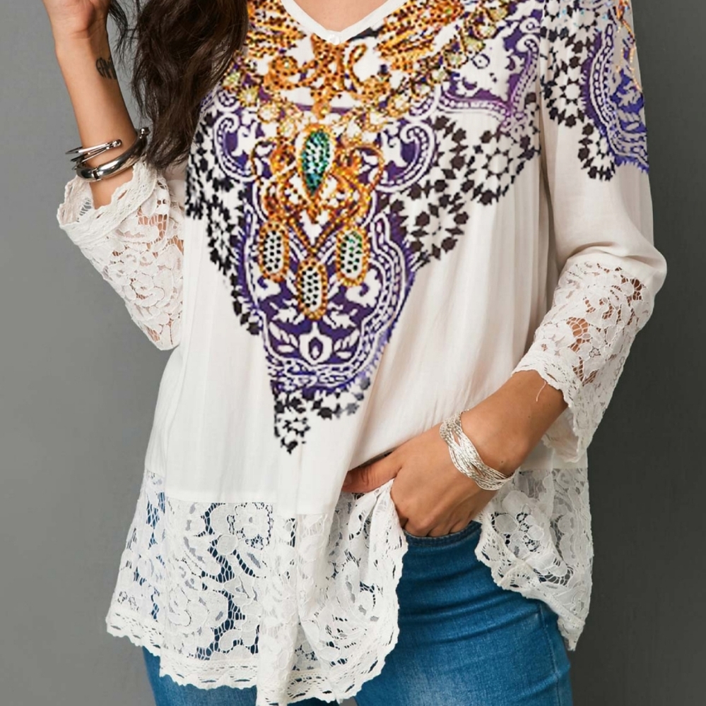 Tribal Print Patchwork Blouse - image 3